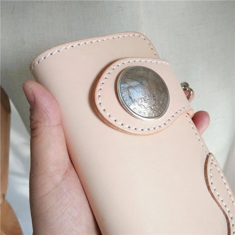 Handmade Beige Long Biker Wallets with Chain Cool Mens Leather Biker Chain Wallets