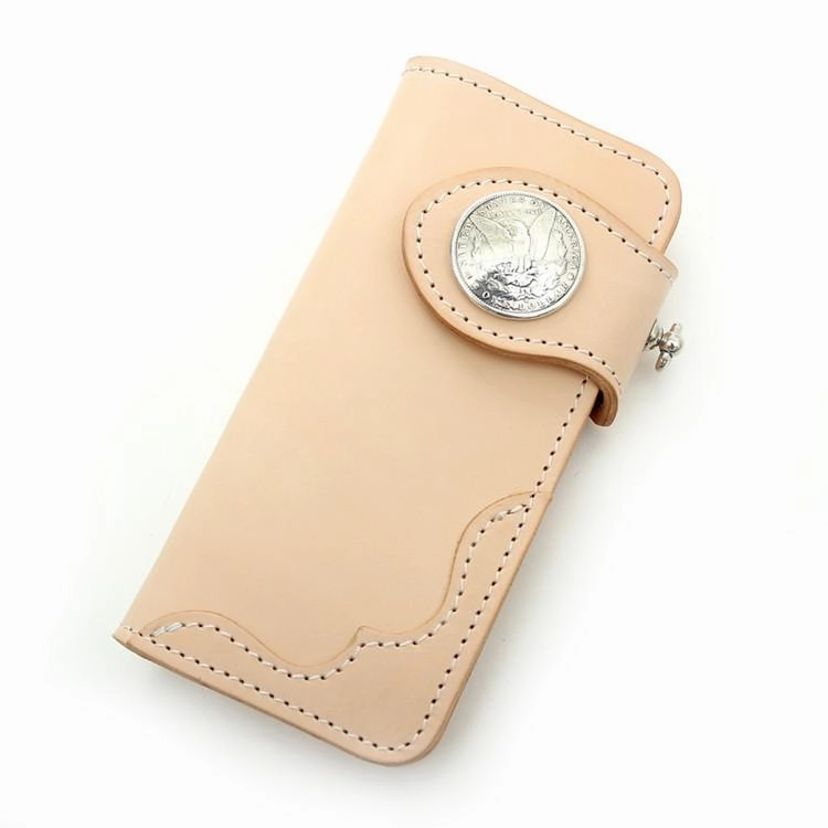 Handmade Beige Long Biker Wallets with Chain Cool Mens Leather Biker Chain Wallets