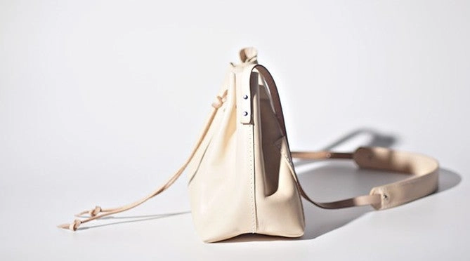 Handmade Beige Women Leather bucket crossbody bag Barrel shoulder bag for women