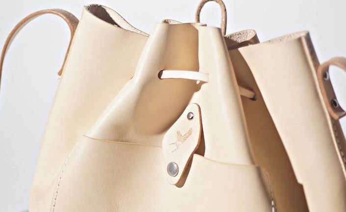 Handmade Beige Women Leather bucket crossbody bag Barrel shoulder bag for women