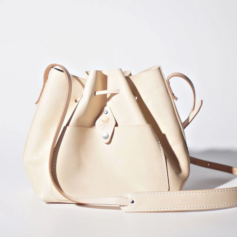 Handmade Beige Women Leather bucket crossbody bag Barrel shoulder bag for women