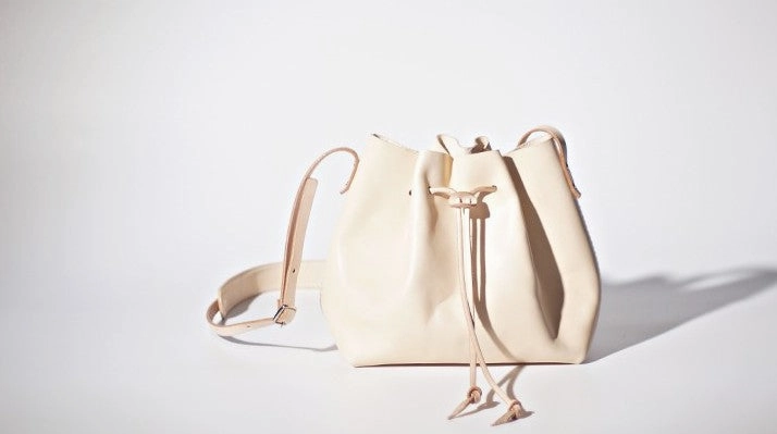 Handmade Beige Women Leather bucket crossbody bag Barrel shoulder bag for women