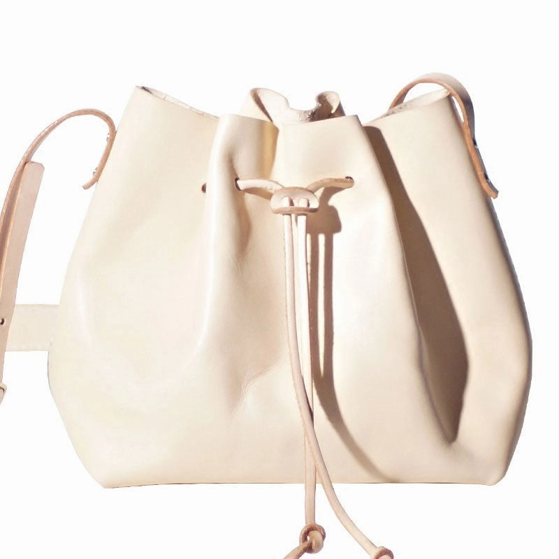 Handmade Beige Women Leather bucket crossbody bag Barrel shoulder bag for women