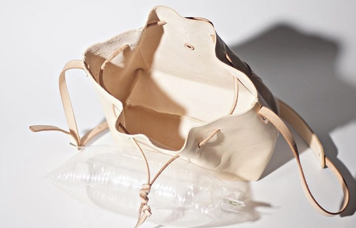 Handmade Beige Women Leather bucket crossbody bag Barrel shoulder bag for women