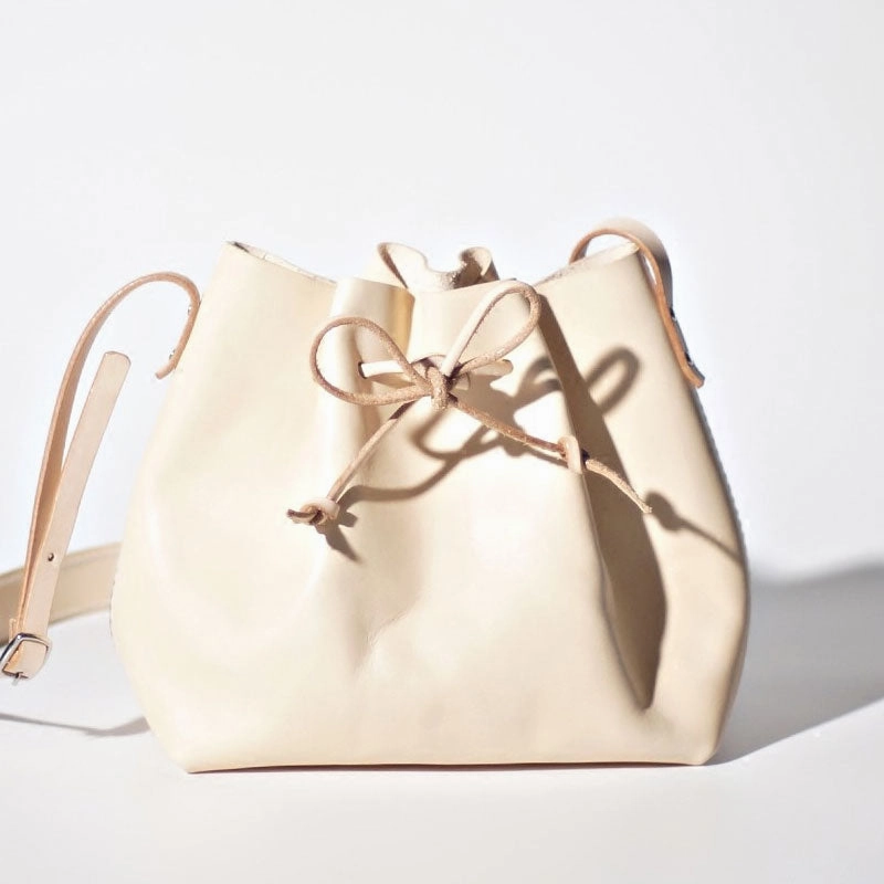 Handmade Beige Women Leather bucket crossbody bag Barrel shoulder bag for women