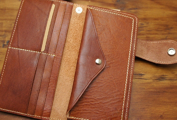 Handmade biker leather wallet with chain brown red brown Long wallet purse for men