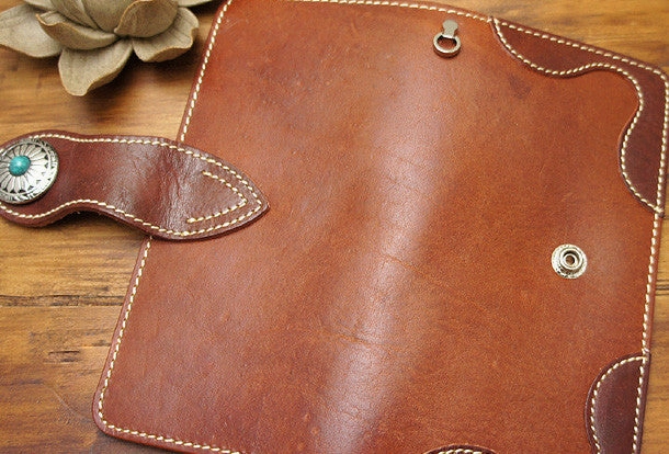 Handmade biker leather wallet with chain brown red brown Long wallet purse for men