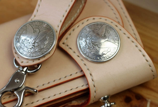 Handmade Biker Wallet beige Leather Biker Wallet with Chain Bifold Long Wallet for Men