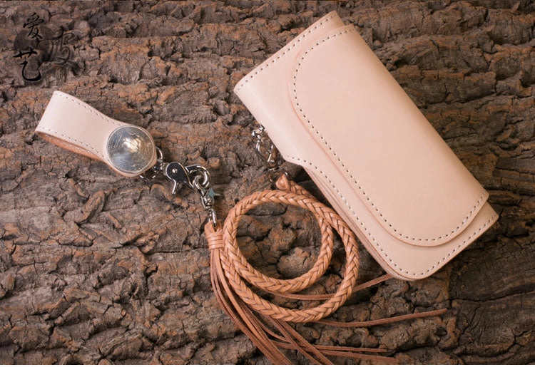 Handmade Biker Wallet beige Leather Biker Wallet with Chain Bifold Long Wallet for Men