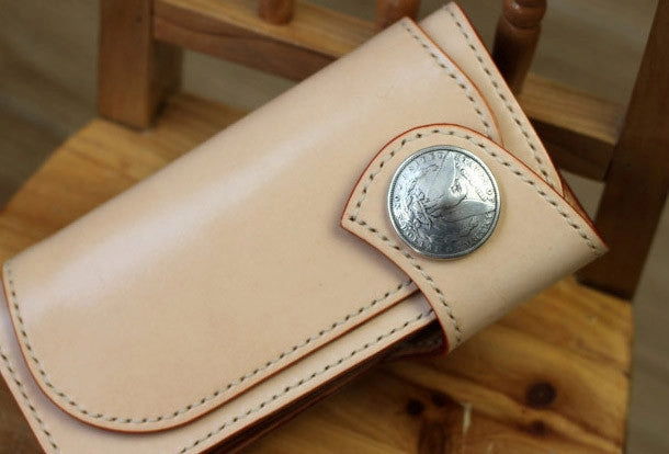 Handmade Biker Wallet beige Leather Biker Wallet with Chain Bifold Long Wallet for Men