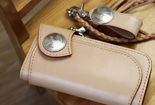 Handmade Biker Wallet beige Leather Biker Wallet with Chain Bifold Long Wallet for Men