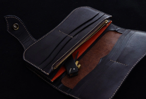 Handmade biker wallet black color carved dragon thunder god leather long wallet for men