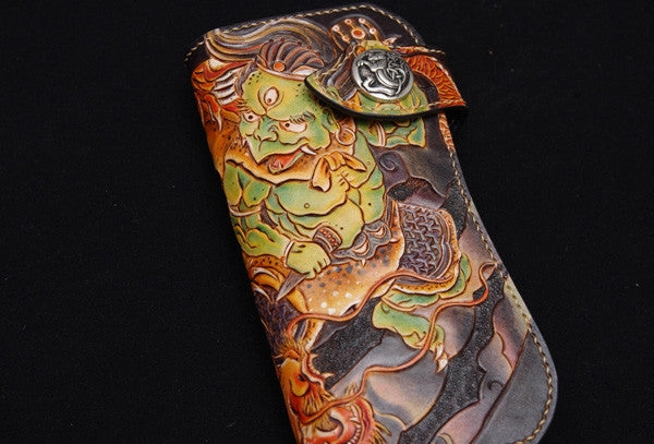 Handmade biker wallet black color carved dragon thunder god leather long wallet for men