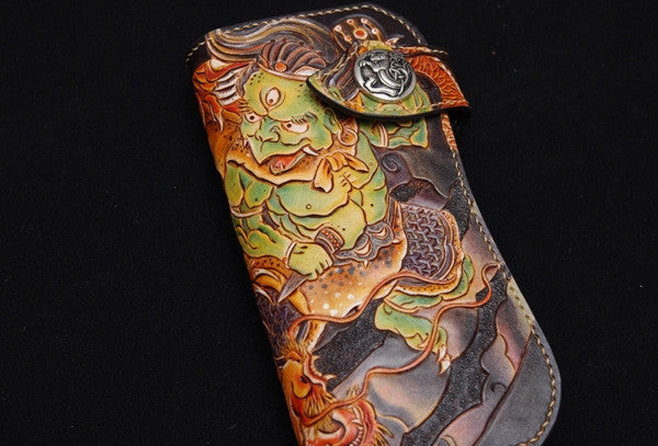 Handmade biker wallet black color carved dragon thunder god leather long wallet for men