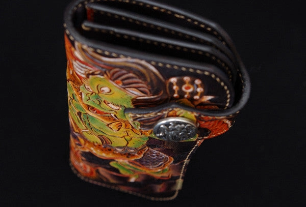 Handmade biker wallet black color carved dragon thunder god leather long wallet for men