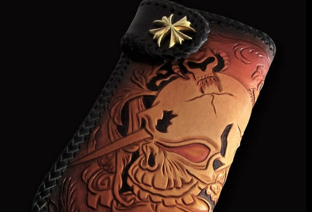 Handmade biker wallet Black Skull leather floral carved biker chain wallet truck wallet
