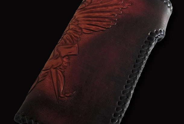 Handmade biker wallet Black Skull leather floral carved biker chain wallet truck wallet