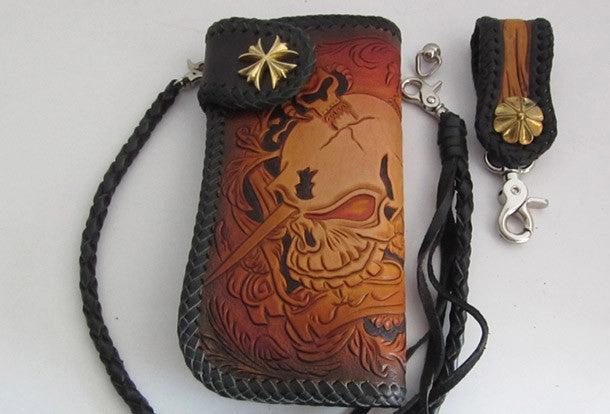 Handmade biker wallet Black Skull leather floral carved biker chain wallet truck wallet