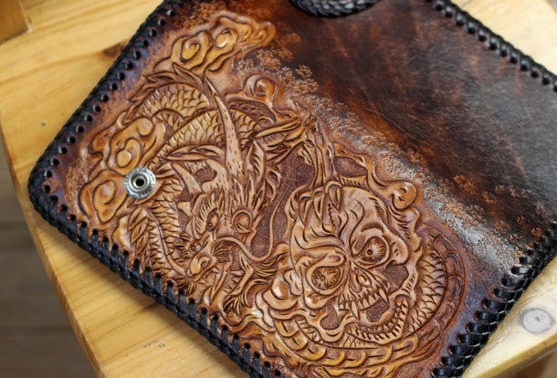 Handmade biker wallet brown leather Skull dragon carved biker wallet bifold Long wallet for men