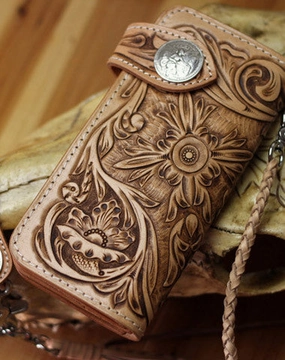 Handmade biker wallet floral tooled leather biker wallet hand tooled leather wallet chian wallet