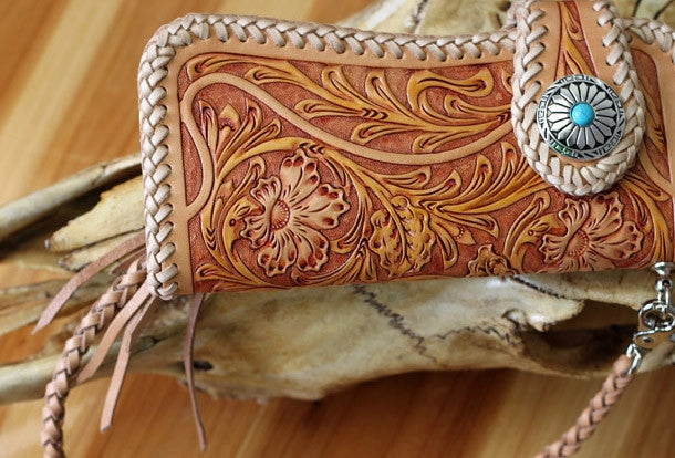 Handmade biker wallet vintage floral men biker wallet leather Long wallet purse clutch for men
