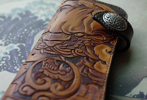 Handmade biker wallet vintage hand painting chinese lion leather biker wallet for men
