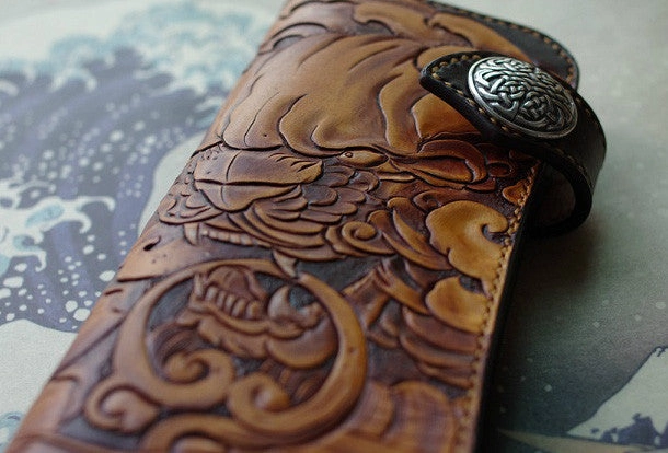 Handmade biker wallet vintage hand painting chinese lion leather biker wallet for men