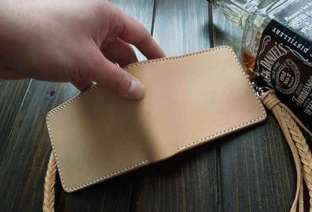Handmade billfold leather wallet beige leather bifold biker wallet billfold wallet purse for men