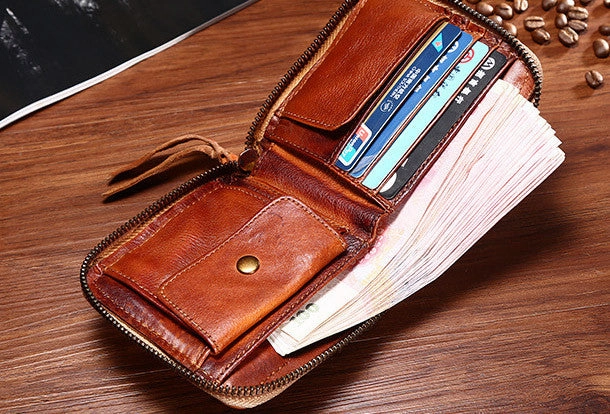Handmade billfold leather wallet men zip braided leather billfold wallet for men him
