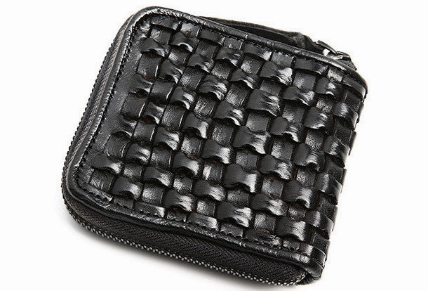 Handmade billfold leather wallet men zip braided leather billfold wallet for men him
