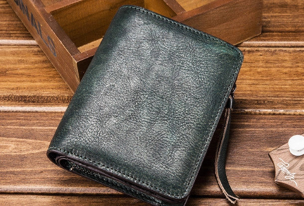 Handmade billfold wallet leather men zip multi cards vintage wallet for men
