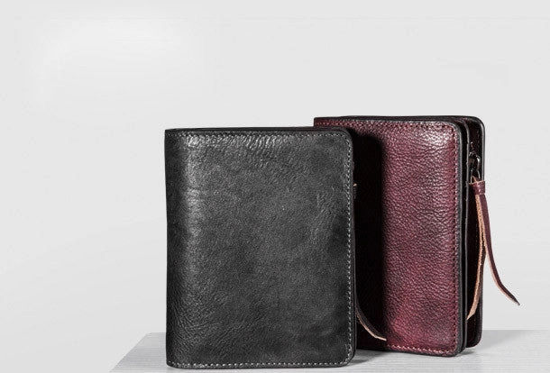 Handmade billfold wallet leather men zip multi cards vintage wallet for men