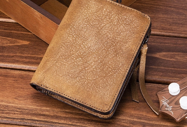 Handmade billfold wallet leather men zip multi cards vintage wallet for men