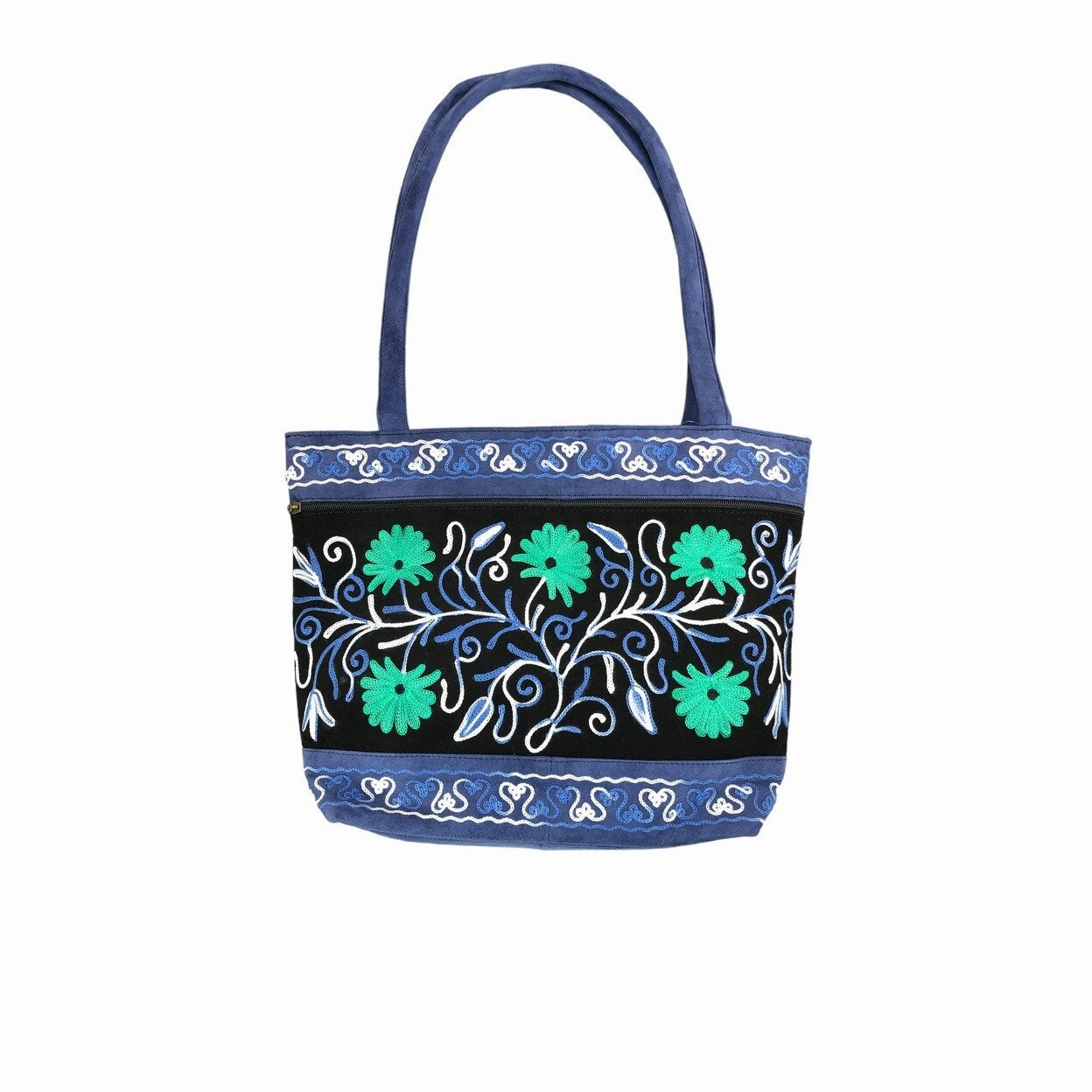 Handmade Black And Blue Suede Embroidered Tote Bag