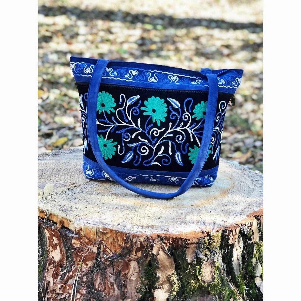 Handmade Black And Blue Suede Embroidered Tote Bag