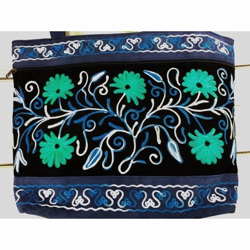 Handmade Black And Blue Suede Embroidered Tote Bag