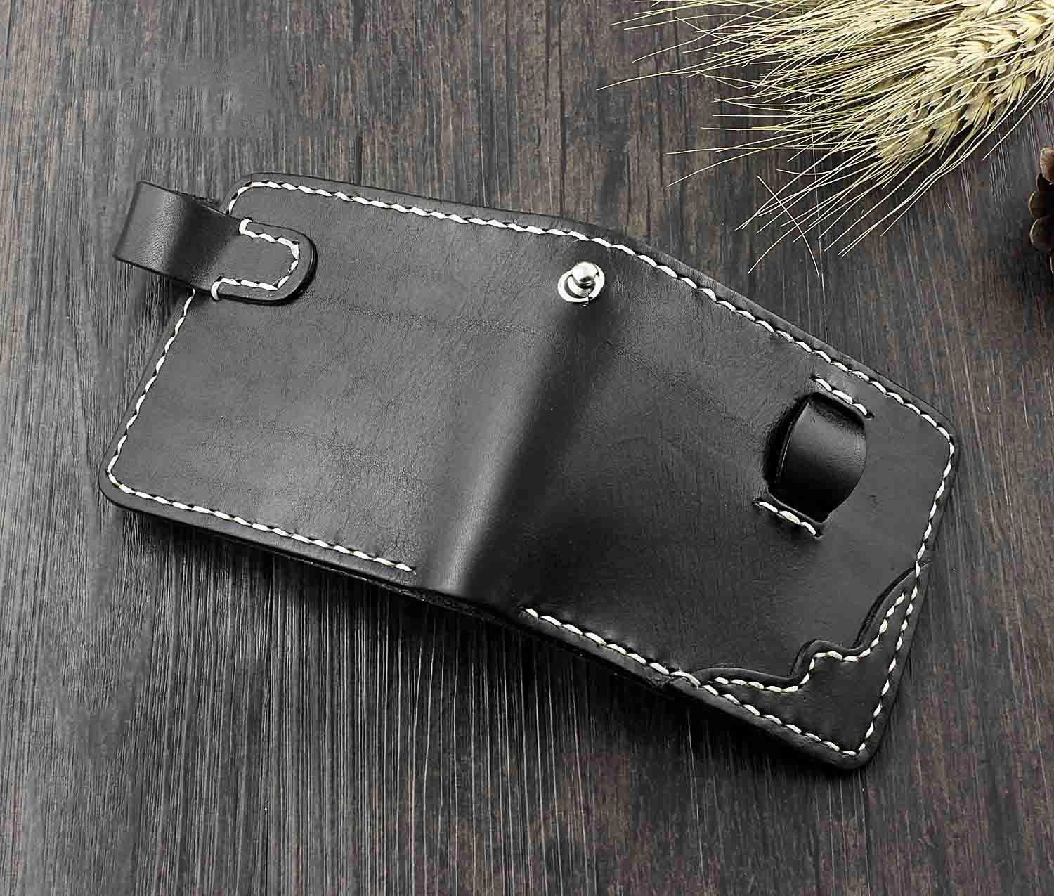 Handmade Black Leather Men's Small Biker Wallet Chain Wallet billfold Wallet with Chain For Men