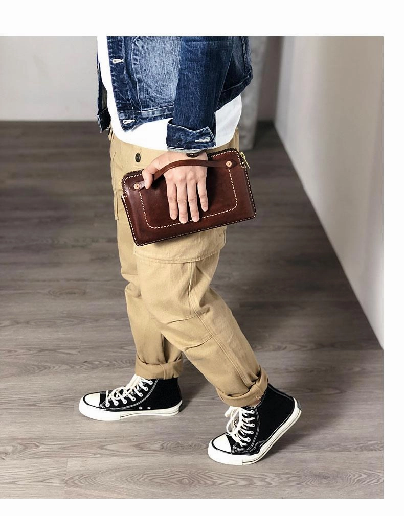 Handmade Black Leather Mens Cool Clutch Wallet Biker Clutch Brown Wristlet Wallet for Men