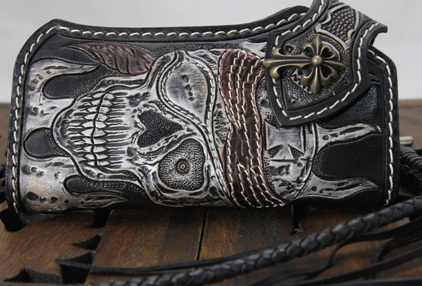 Handmade black leather punk vintage skull carved biker wallet Long wallet clutch for men