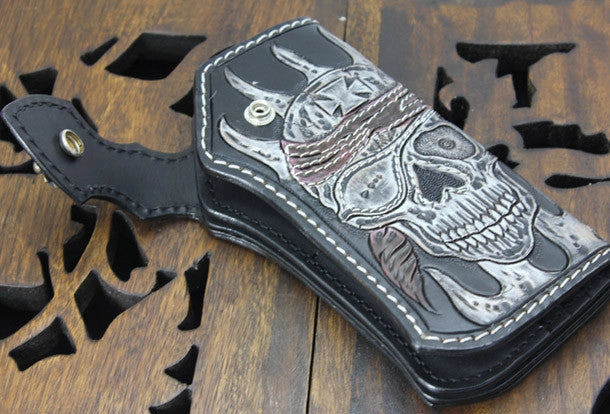 Handmade black leather punk vintage skull carved biker wallet Long wallet clutch for men
