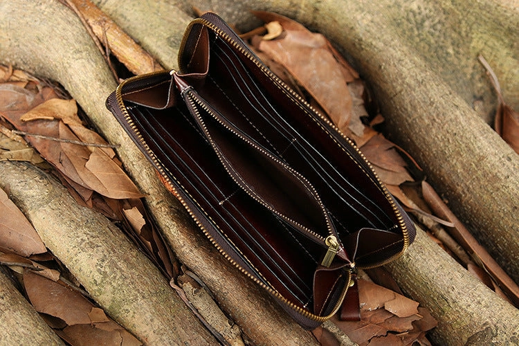 Handmade Black Leather Tooled Relief Skull Long Wallet Cool Skull Zipper Clutch Wristlet Wallet for Men