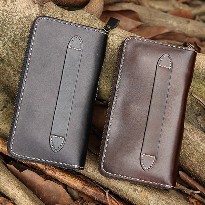 Handmade Black Leather Tooled Relief Skull Long Wallet Cool Skull Zipper Clutch Wristlet Wallet for Men