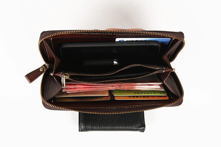 Handmade Black Leather Tooled Relief Skull Long Wallet Cool Skull Zipper Clutch Wristlet Wallet for Men