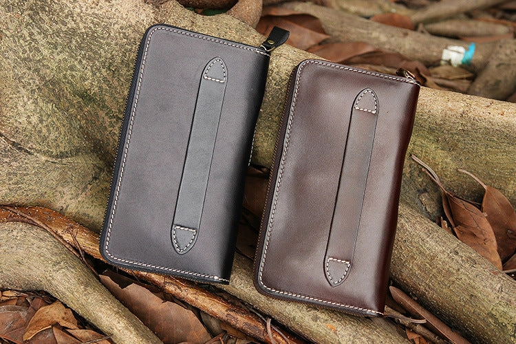 Handmade Black Leather Tooled Relief Skull Long Wallet Cool Skull Zipper Clutch Wristlet Wallet for Men