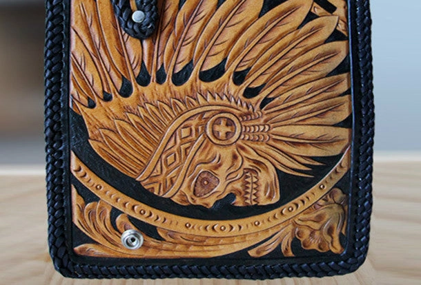 Handmade black yellow leather indian skull carved biker wallet Long wallet clutch for men