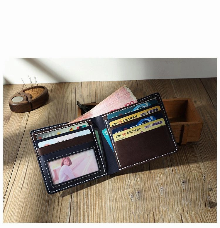 Handmade Blue Leather Billfold Wallets Personalized Mens Contrast Color Wallets for Men