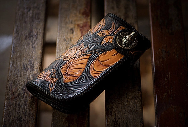 Handmade brown coffee leather Black and white variable carved biker wallet Long wallet for men