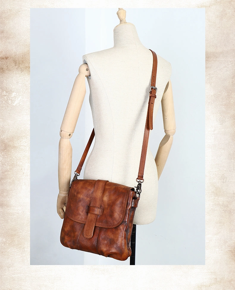 Handmade Brown Leather Womens Square Shoulder Bag School Crossbody Purse for Women