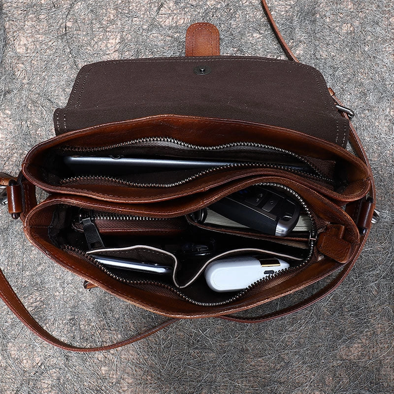 Handmade Brown Leather Womens Square Shoulder Bag School Crossbody Purse for Women
