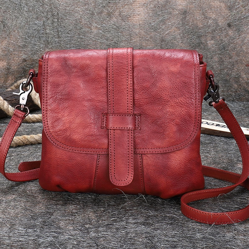 Handmade Brown Leather Womens Square Shoulder Bag School Crossbody Purse for Women